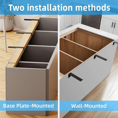 Rock Solid 10 Inch Countertop Support Brackets 3 Pack showing base plate-mounted and wall-mounted installation methods.