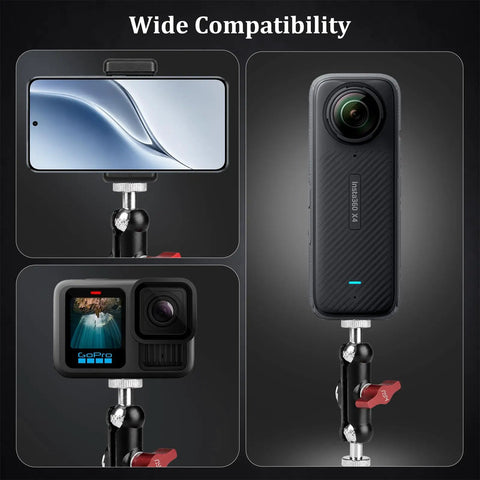 Dual Ball Head Magic Arm For Rock Solid Camera Gear With Universal One Quarter Inch Screws On Both Ends Fits DSLR And Mirrorless Cages Field Monitors LED Lights External Mics Action Cameras Phones Tripod And Gimbal Accessories, with phone and action camera mounts
