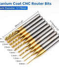 LUNYEE 40pc CNC router end mill set, 1/8in shank, titanium and nano blue coatings; flat and ball nose bits.