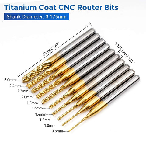LUNYEE 40pc CNC router end mill set, 1/8in shank, titanium and nano blue coatings; flat and ball nose bits.