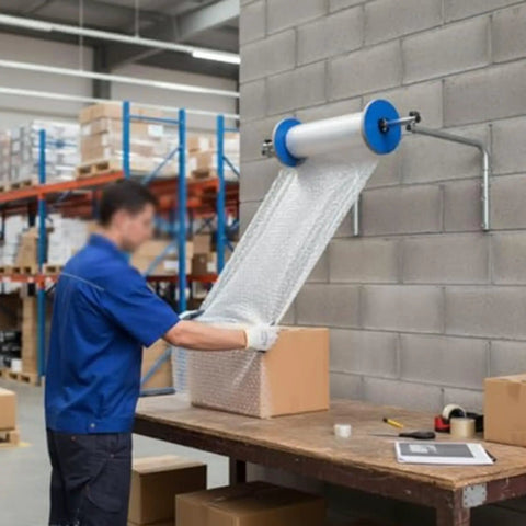 Heavy Duty Wall Mount Bubble Wrap Dispenser Features Solid Galvanized Steel Rack That Grips Large Cushioning Rolls Tight For Packing Stations And Shipping Jobs In Warehouse Settings.
