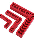 Four Inch 90 Degree Angle Finder Square With Easy To Read Double Sided Scale engineered for tradesmen; includes three red square tools.