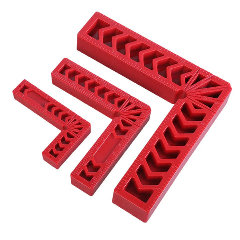 Four Inch 90 Degree Angle Finder Square With Easy To Read Double Sided Scale engineered for tradesmen; includes three red square tools.