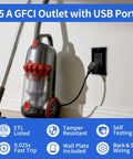 15 A GFCI Outlet with Dual USB Type A and C Quick Charge Ports, heavy duty design, ETL certified and tamper resistant.