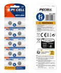 Top Shelf 10 Pack LR44 Batteries AG13 SR44 357 303 A76 One Five Volt Button Cells in a blister pack showing usage details.