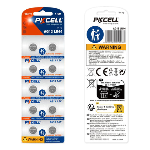 Top Shelf 10 Pack LR44 Batteries AG13 SR44 357 303 A76 One Five Volt Button Cells in a blister pack showing usage details.