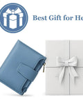 Blue Compact Everyday Wallet For Women With RFID Blocking Soft Cowhide Leather Bifold Card Holder next to gift box.