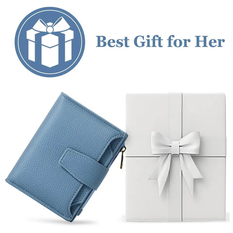 Blue Compact Everyday Wallet For Women With RFID Blocking Soft Cowhide Leather Bifold Card Holder next to gift box.