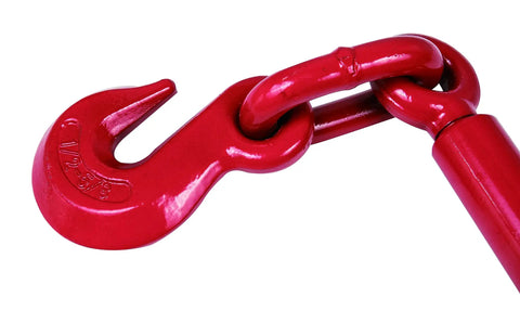 Heavy Duty Ratchet Load Binders With Grab And Slip Hooks Five Sixteenths To Three Eighths Inch, close-up of red hook and chain