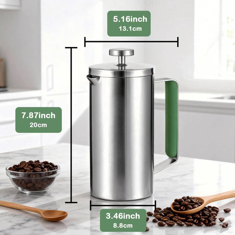 Stainless Steel French Press Coffee Maker 21 Oz Capacity Portable Camping Travel Coffee Press With Green Handle BPA Free 304 Stainless Steel Double Wall Insulation Keeps Coffee Hot And Fresh Ideal For Personal Use Office Or On The Go Outdoors