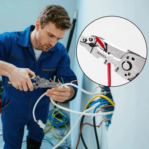 Rock Solid 18 In 1 Wire Stripper Foldable Cable Cutter And Precision Crimping Pliers Heavy Duty Electrical Workhorse used by an electrician.