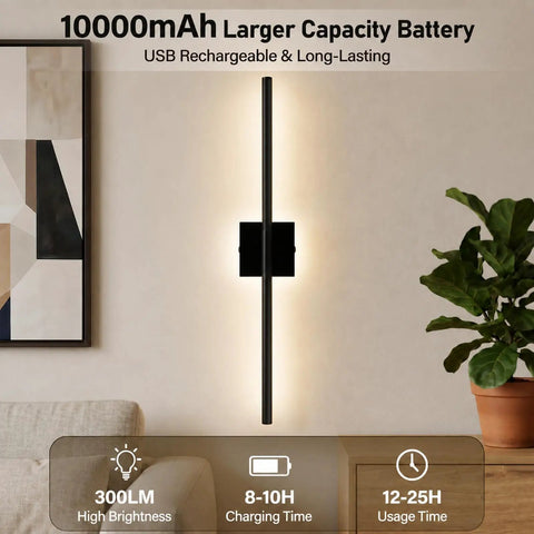 ARCWEISSO Black Battery Operated Wall Sconce with Remote Control 10000mAh mounted on a wall with soft glow lighting.