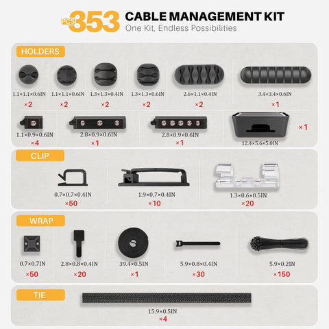 All In One Cable Management Kit For Computer Desk And TV Setup with 353 pieces including holders, clips, wraps, and ties