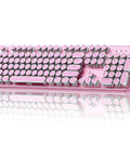 Pink Retro Mechanical Gaming Keyboard Boss Level Design Featuring Classic Typewriter Layout And Solid Steel Chassis Delivers Snappy Click Feel ideal for long desk sessions, angled view with chrome keycaps.