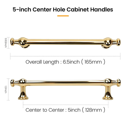 Diagram of Champagne Gold Cabinet Pulls Set, 10 Pack 5 Inch Center Hole (128mm), with measurements displayed