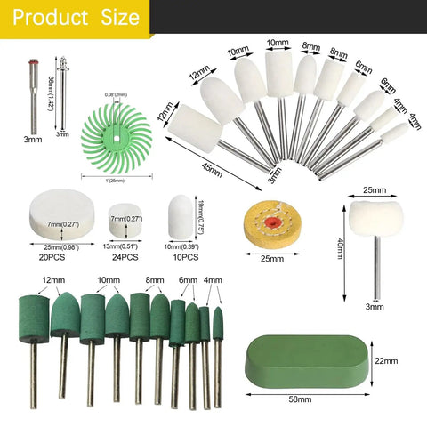 Badass 109 Piece Buffing Wheels Polishing Kit With 3mm Shank Rotary Tool Accessories For Dremel Includes Mini Felt Pads size chart showing various polishing wheel types and dimensions.