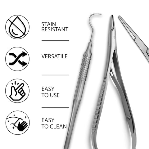 Orthodontic Braces Removal And Color Changing Kit Three Piece Set With Stainless Steel Explorer Probe Five Inch Pliers And Mathieu Tool, close-up