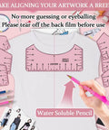 66 Piece Pro Grade Sublimation Shirts Tool Kit With Round Neck And V Neck Alignment Rulers shown on a white shirt