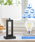 Pair Of Dope Modern Touch Control Bedside Lamps With USB Ports, 22 Inch Tall Nightstand Lights, White Fabric Shade, Two LED Bulbs