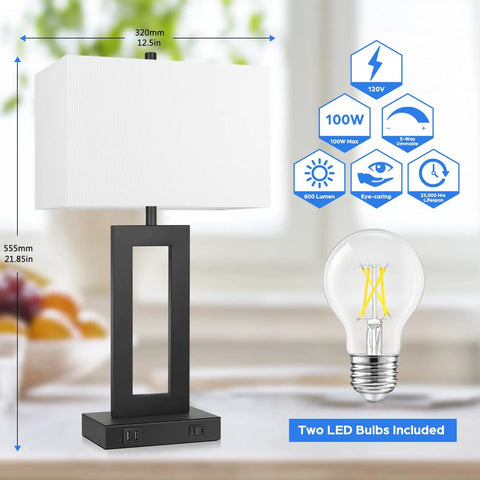 Pair Of Dope Modern Touch Control Bedside Lamps With USB Ports, 22 Inch Tall Nightstand Lights, White Fabric Shade, Two LED Bulbs