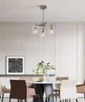 Three Light Brushed Nickel Pendant Chandelier For Kitchen Island, Modern Industrial Hanging Lamp With Clear Glass Shade, Adjustable Ceiling Fixture For Dining Room above dining table.