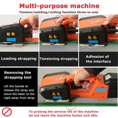 Image showing Real Deal Portable Electric Strapping Machine Automatic Hot Melt Welding Tool Battery Powered, highlighting loading, tensioning, and cutting functions.