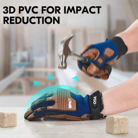 Leather Heavy Duty Work Gloves For Mechanics And DIY Pros With Impact Resistance hammer use, size large, blue, anti-vibration