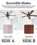 52 Inch Industrial Style LED Ceiling Fan With Light, reversible dual finish blades shown in gray oak and bamboo, pull chain