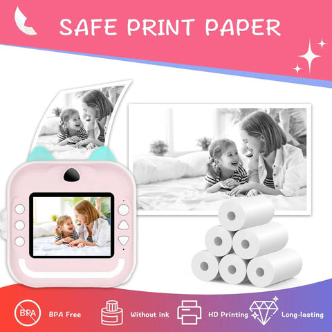 6 Rolls Instant Camera Print Paper Refill For HD Photos, Glossy Thermal Paper With Durable White Finish, Rich Color Quality, Long Lasting Prints, No Fuss Replacement, pack shown with instant camera and rolls