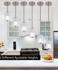 Two Pack Brushed Nickel Pendant Lights With White Linen Glass Shades For Kitchen Island Dining Room Bar And Bedroom Modern Mini Hanging Fixtures That Elevate Task Lighting And Create Cozy Vibes In Any Space displayed in kitchen with 6 height options shown.