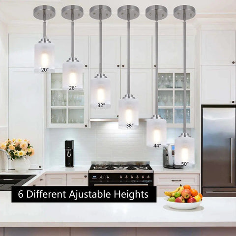 Two Pack Brushed Nickel Pendant Lights With White Linen Glass Shades For Kitchen Island Dining Room Bar And Bedroom Modern Mini Hanging Fixtures That Elevate Task Lighting And Create Cozy Vibes In Any Space displayed in kitchen with 6 height options shown.