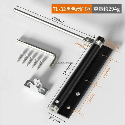 Adjustable Aluminum Door Closer With Spring Soft Close For Home And Office Built Tough Hardware Black Finish 0 To 180 Degree Swing Supports Doors Up To 40 Kilograms Quiet Durable And Easy Install with screws and components, 180mm length shown