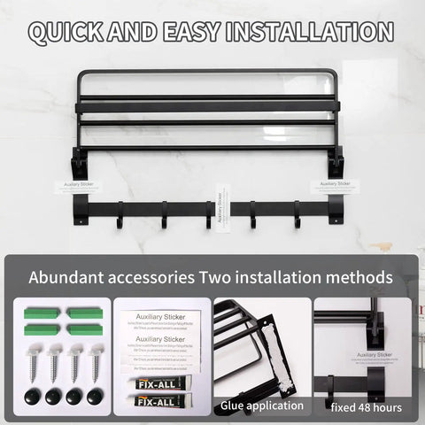 Pro Grade Heavy Duty Aluminum Wall Mount Towel Rack With Shelf And Hooks 24 Inch Double Foldable Towel Bar Matte Black installation