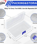Transparent plastic storage box dimensions with blue latch and description of material and features.
