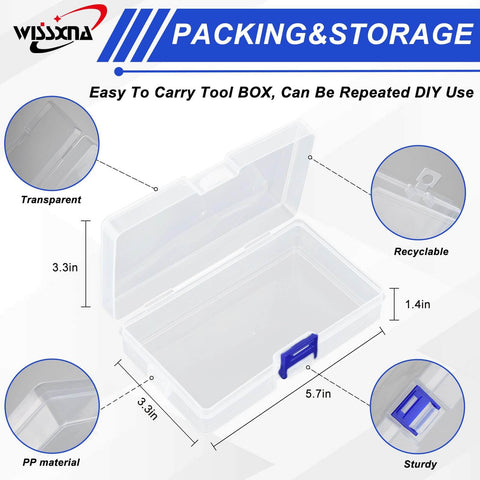 Transparent plastic storage box dimensions with blue latch and description of material and features.