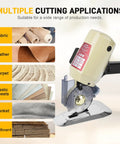 Super Heavy Duty 250W Electric Fabric Cutter With Pure Copper Motor For Leather Cloth And Textiles, showing multiple materials suitable for cutting.