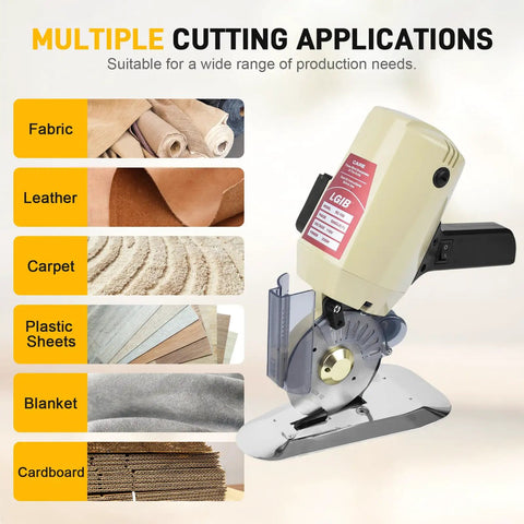 Super Heavy Duty 250W Electric Fabric Cutter With Pure Copper Motor For Leather Cloth And Textiles, showing multiple materials suitable for cutting.