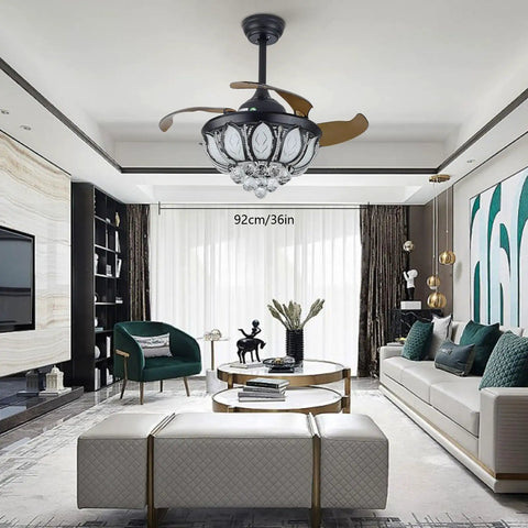 Ceiling Fan with Light Retractable Blades 6 Speeds Modern 2200LM for in a stylish living room with crystal design.