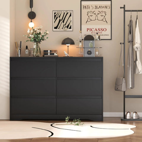 Black Modern 3 Drawer Dresser For Bedroom And Living Room - Wood dresser in elegant setup with art, lamp, and decor