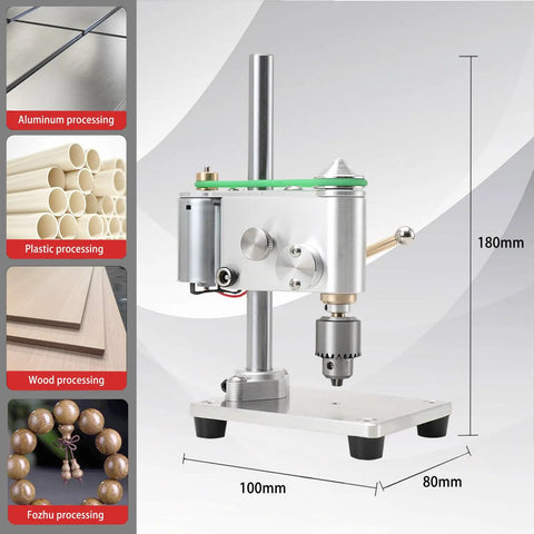 Straight Up Hella Precise Mini Bench Drill Micro Drilling Machine With Adjustable Speed Adapter For Diy Furniture Woodworking Plastics Aluminum And Composite Panels, 180mm tall, silver aluminum frame.
