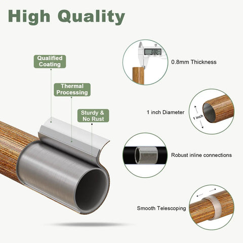 Diagram showing Imitation Wood Grain Leaf Pattern Curtain Rods Set 1 Inch Diameter Adjustable Heavy Duty Boho Drapery Rods features