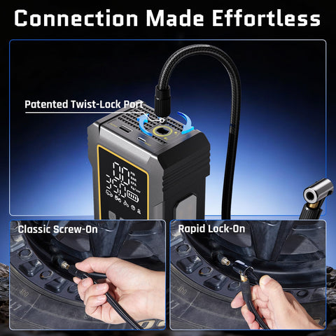Connection options for Powerful Heavy Duty Tire Inflator Portable Air Compressor with 12000mAh Battery 150 PSI Output