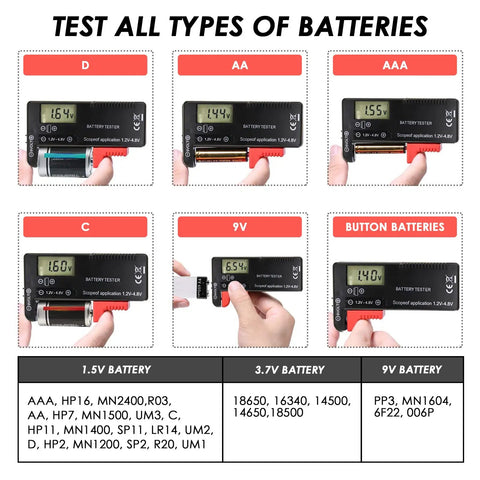 Easy Read Battery Checker Digital Capacity Tester For AA AAA C D 9V 1.5V Button Cells And 3.7V Li Batteries Fast Health Readout Dope Gadget For Home Shop And DIY Tech, handheld black battery tester