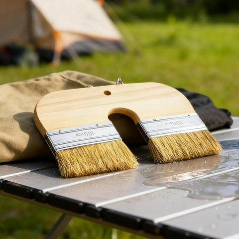 Dope U Shape Deck Stain Brush with double bristles resting on outdoor table, ideal for smooth color coating on various surfaces.