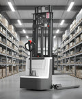 Straight Up Heavy Duty Warehouse Pallet Stacker Featuring Manual And Electric Lift Options in warehouse aisle with stacks of boxes.