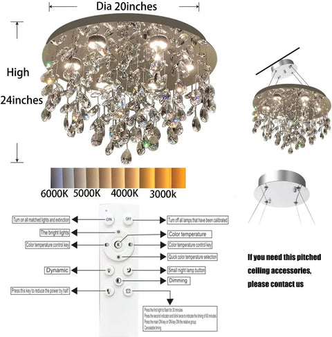 20 Inch Modern Crystal Chandelier With Dimmable LED Lighting, crystal petals, remote control features, color temp scale