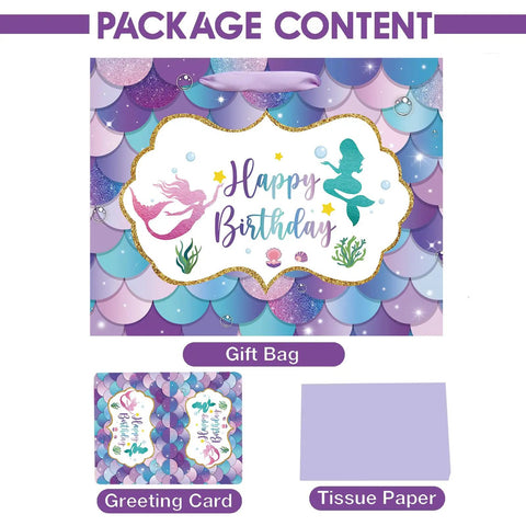 13 Inch Mermaid Birthday Gift Bag With Handle For Kids Party, Purple Gift Bag With Tissue Paper And Card Included, large mermaid theme