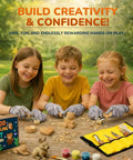 Three children using Kid Safe Wood Carving Starter Kit with round tip safety knives, cut resistant gloves, and wood carving tools.