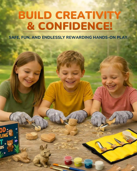 Three children using Kid Safe Wood Carving Starter Kit with round tip safety knives, cut resistant gloves, and wood carving tools.