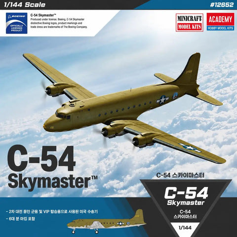 1 144 Scale C-54 Skymaster WWII Era Transport Aircraft Model Kit box showing aircraft design and markings